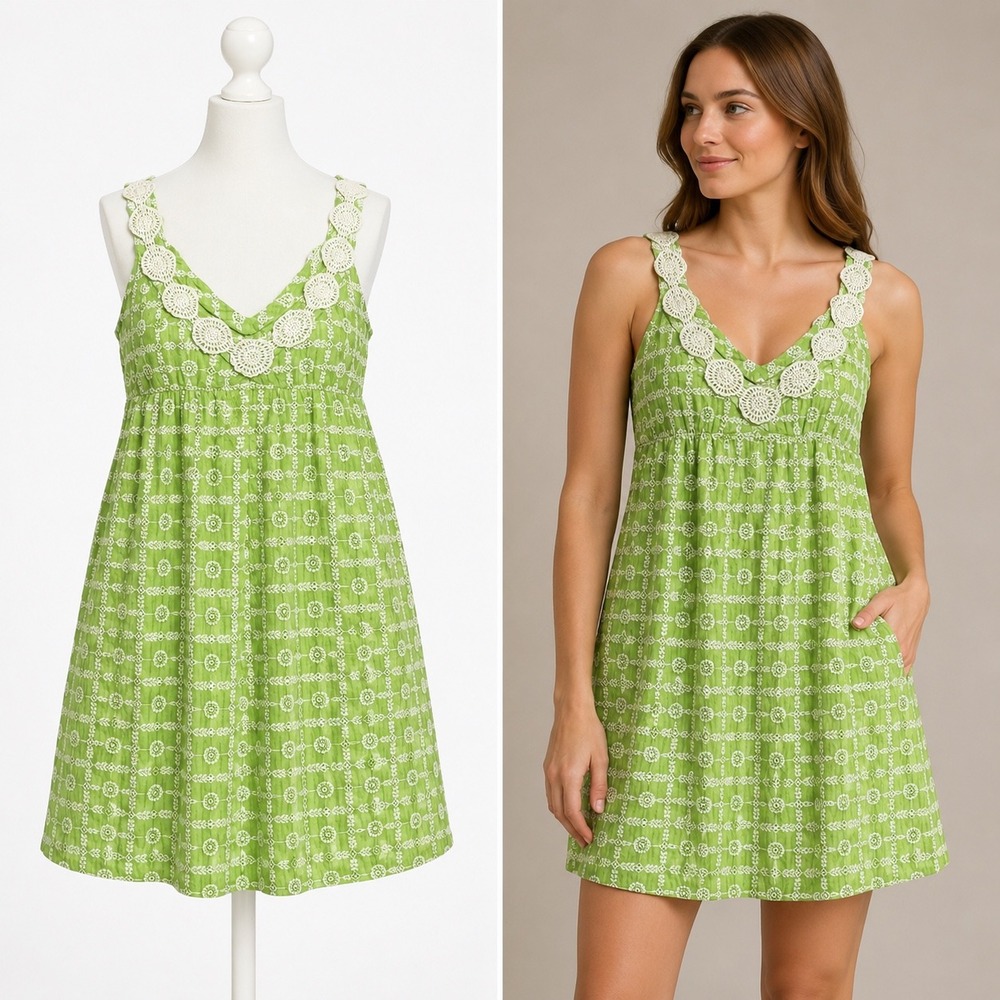 Tibi New York Dress Womens 4 Green Embroidered Cotton Crochet Trim Empire Waist